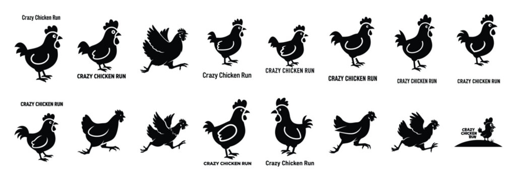 Set of vector crazy chicken run  icon in silhouettes