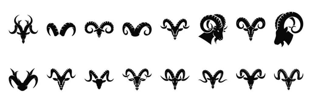 Set of vector crazy goat horn  icon in silhouettes