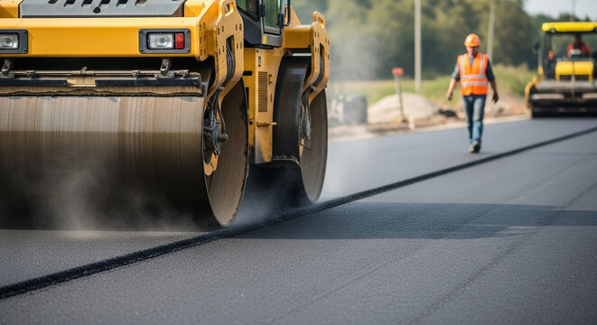 A road roller compacting fresh hot asphalt during road construction. Heavy machinery paving a new street surface