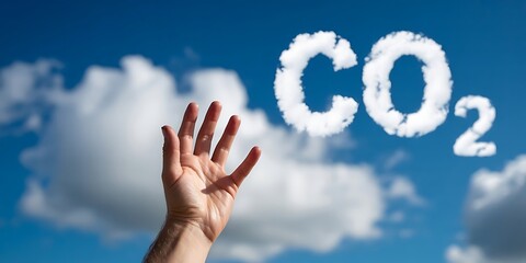 Open hand against blue sky with C O2 cloud palm fingers