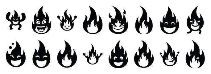 Obraz premium Set of vector funny fire flame icon in silhouettes
