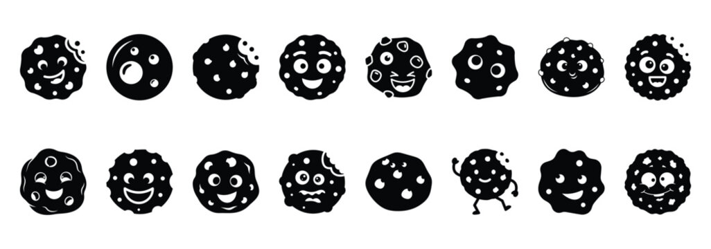 Set of vector funny cookie  icon in silhouettes