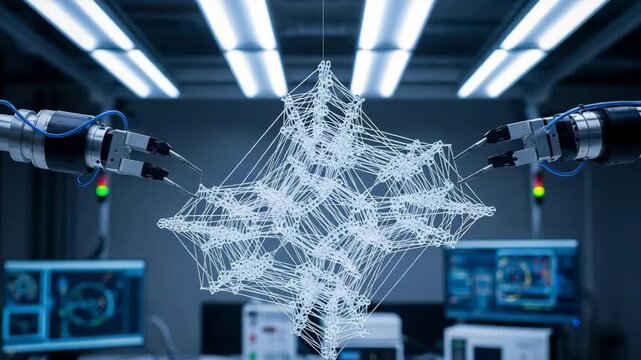 Robots Weaving Translucent Carbon Mesh Nanofibers in High Tech Laboratory