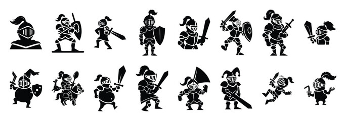 Set of vector funny knight  icon in silhouettes