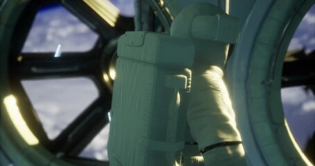 An astronaut in a white suit inspects the interior of a spacecraft surrounded by windows showing Earth in the background. The scene captures the essence of space exploration.