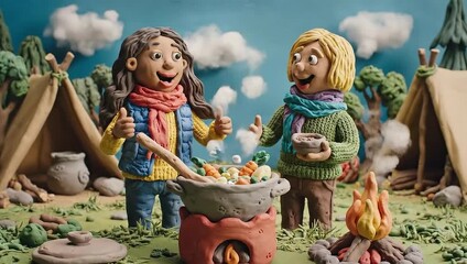 Claymation Camping Adventure - Two Friends Cooking Outdoors.