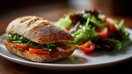 Freshly Made Sandwich with Tomato, Lettuce, and Mayonnaise Served with a Side Salad of Mixed Greens and Cherry Tomatoes on a White Plate