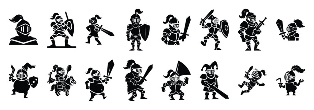 Set of vector funny knight  icon in silhouettes
