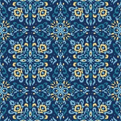Modern Ikat Winter Bloom Ikat Seamless Pattern: Petal Diamonds in Blue, Yellow, and White