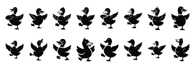 Set of vector happy dancing duck  icon in silhouettes