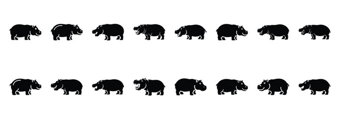 Set of vector happy hippo  icon in silhouettes