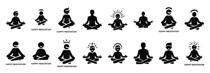 Set of vector happy meditation  icon in silhouettes