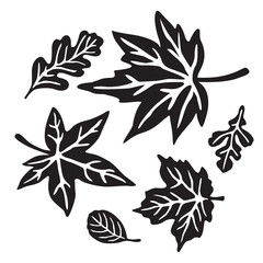 Fall Leaf Icon Set. Autumn Natural Elements. Black and White. Hand Drawn Vector Illustration. Greeting Card Design Template. Decoration Concept
