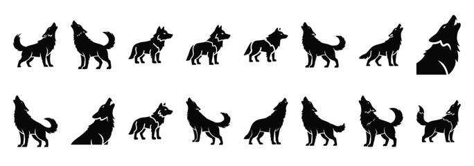 Set of vector happy wolf howl  icon in silhouettes