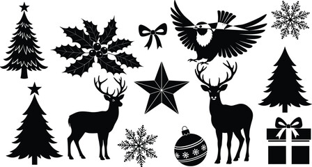 Christmas silhouette icons, holiday symbols, winter design, festive elements, black illustration, seasonal decorations, reindeer, snowflakes, gift box, ornamentChristmas silhouette icons, holiday 