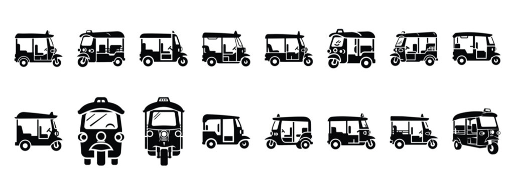 Set of vector happy tuktuk  icon in silhouettes