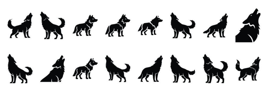 Set of vector happy wolf howl  icon in silhouettes