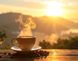 A steaming cup of coffee with scattered beans on a wooden table, set against a vibrant sunrise over misty mountains.