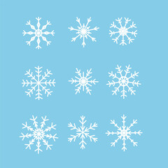 Set of beautiful white snowflake icons. Winter holiday symbol of cold, snow, and ice crystals. Christmas season vector collection for decoration and print.