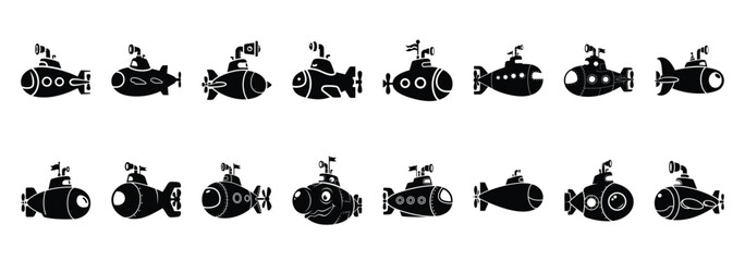Set of vector silly submarine  icon in silhouettes