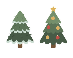 Set of cute Christmas trees. Adorable holiday icon with snow and ornaments. Messy Christmas tree and neat Christmas tree