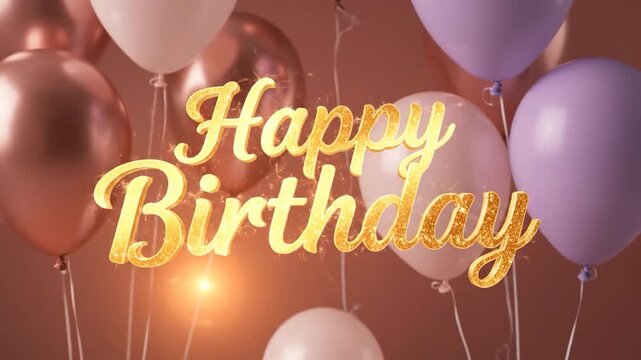 Golden glitter 'Happy Birthday' text surrounded by floating metallic and pastel balloons