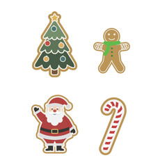 Cute Christmas cookie collection set. Adorable cartoon gingerbread man, Santa Claus, Xmas tree, and candy cane. Sweet holiday food vector icons for kids.