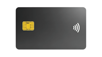 Black Credit Card with Chip and Wireless Symbol on White Background