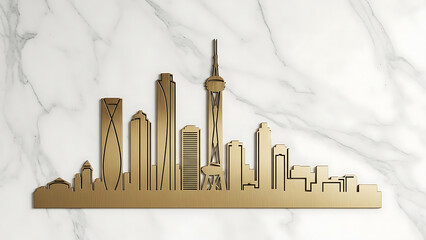 Golden miniature cityscape of modern buildings and skyscrapers resting on a white marble surface artistic presentation