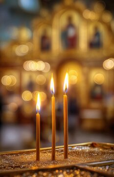 Three slender church candles in sand