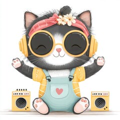 Fototapeta premium Cute Cartoon Cat with Headphones and Colorful Accessories