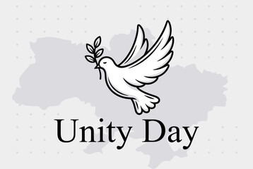 Obraz premium A white dove with an olive branch flying over a map of Ukraine with 'Unity Day' text, symbolizing peace and national unity.