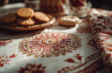 Festive embroidery and biscuits on table