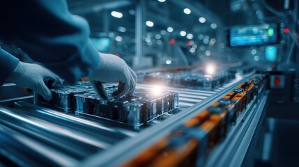 Engineer assembling electric vehicle battery cells on conveyor belt