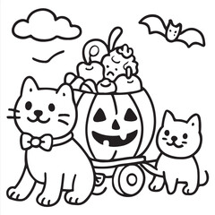 Cute Halloween Magic Mirror with Ghost, Cat, and Potion Coloring Page