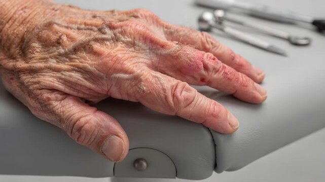 An elder hand wrinkled skin age spot arthritis senior care healthcare clinic medical exam dermatology close up dry skin texture injury redness pain recovery wound therapy treatment support cushion