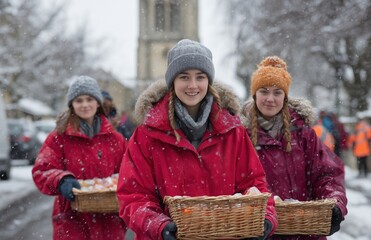 Young volunteers distributing food on snowy street