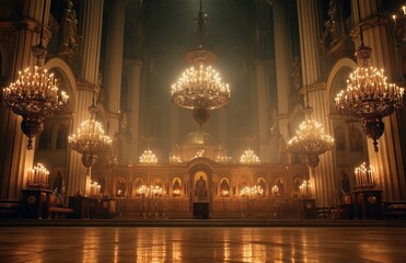 Ornate interior of Orthodox cathedral with chandeliers