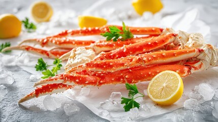 Fresh king crab legs presented on ice with lemon and parsley
