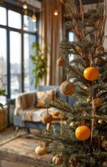 Cozy city living room with natural Christmas tree decor