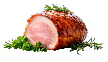 Roasted ham garnished with herbs, showcasing a cross-section of pink meat