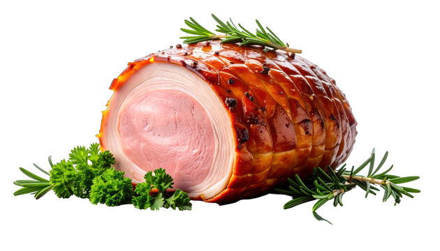 Roasted ham garnished with herbs, showcasing a cross-section of pink meat