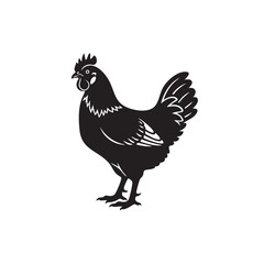 Chicken silhouette vector illustration. Black hen farm animal icon. Poultry logo symbol isolated on white background. Rooster or cockerel side view graphic design.