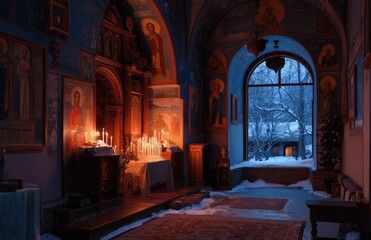 Candlelit Orthodox Chapel On Winter Evening