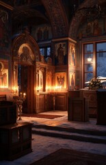 Orthodox Church Interior With Winter Candlelight