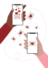 Two hands holding phones and sending love messages each other. Happy Valentines Day concept. 