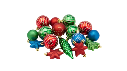 Flat lay composition of Christmas ornaments and bows arranged on transparent background