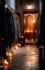 Candlelit Church Hallway With Hanging Coats