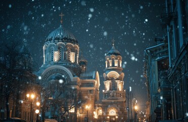 Snowy Night Cityscape With Orthodox Cathedral