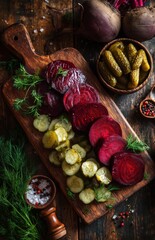 Pickled beets and cucumbers on wooden board